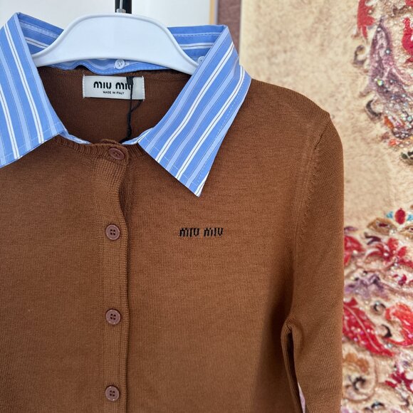 NWT Women's Brown Wool Miu Miu Cardigan with Blue Striped Collar Sz L - Picture 2 of 7